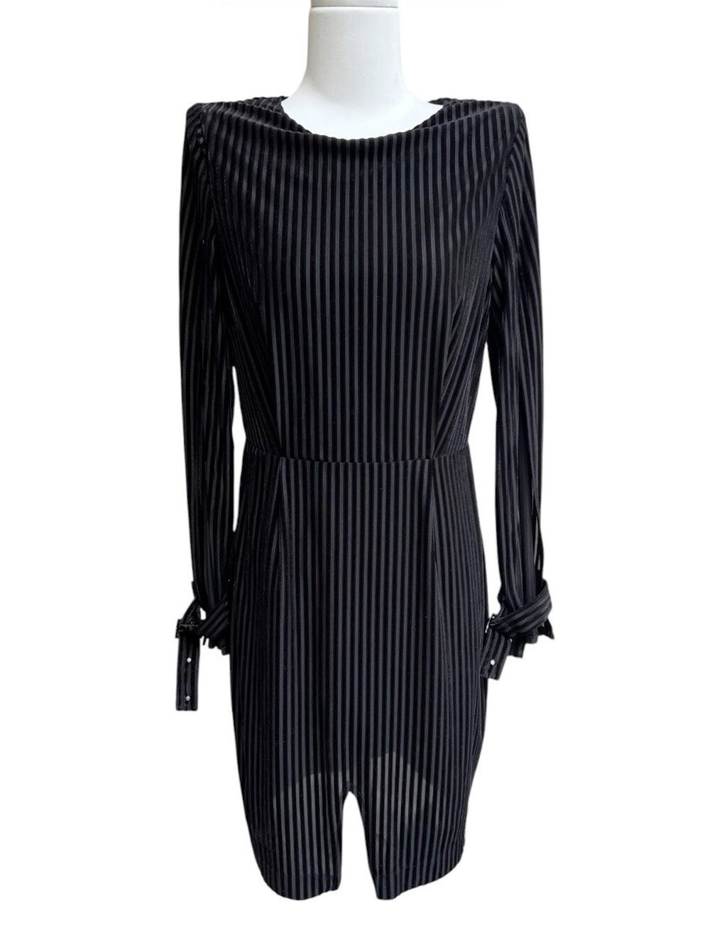 Evidnt Los Angeles Black Sheath Dress Velvet Stripe Slit Sleeve Buckles Sz XS ?